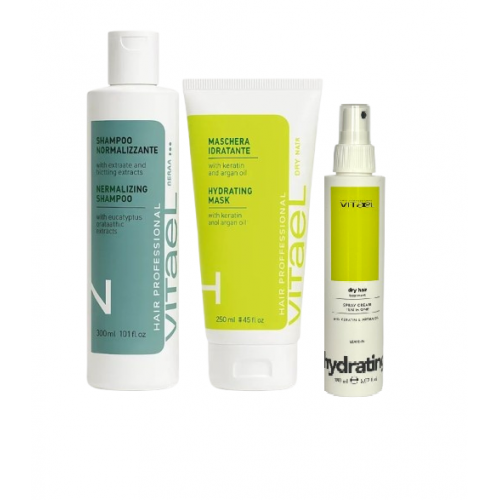 Набор для жирной кожи головы, увлажнение сухих волос VITAEL Dry Hair шампунь NORMALIZING, маска Hydrating, термозащита Ten In One 300/250/150 мл