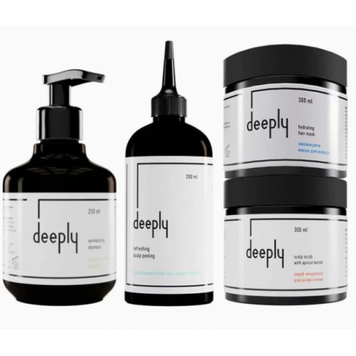 Набор deeply QUAD Balancing Шампунь, Маска, Пилинг и Скраб, для жирной кожи головы и сухих волос 2х300/250/200 мл