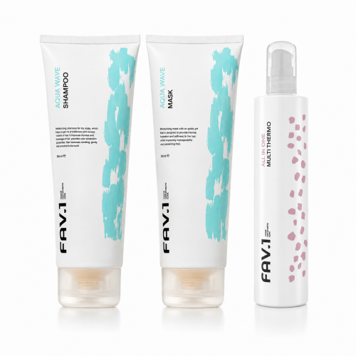 Набор TRIO FAV.1 AQUA WAVE — шампунь, маска и термозащита для увлажнения сухих волос 2x250/200 мл
