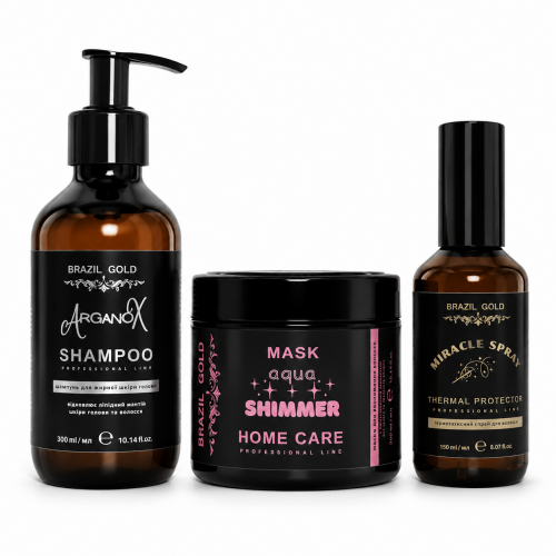 Набор Brazil Gold Home Care TRIO «Баланс и Восстановление» для жирной кожи головы и сухих поврежденных волос: шампунь, маска и термозащитный спрей, 2×300 мл + 150 мл