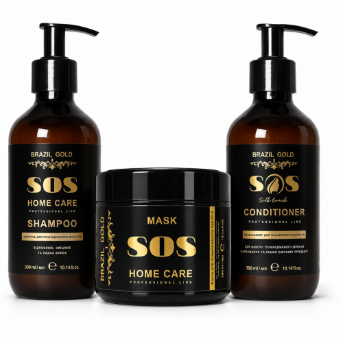 Набор Brazil Gold Home Care TRIO SOS для восстановления поврежденных волос шампунь, маска и кондиционер, 3×300 мл