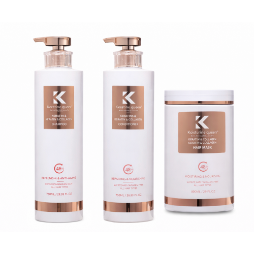 Набор Keratine Queen Trio Collagen шампунь,кондиционер, маска для увлажнения и восстановления поврежденных волос, 2х750/800 мл