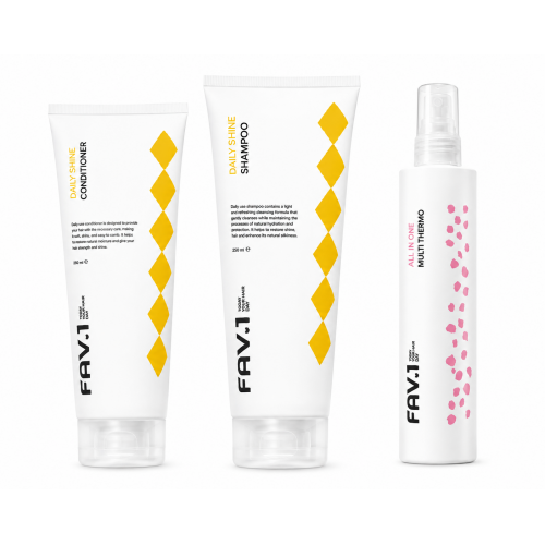 Набор шампунь, кондиционер и термозащита FAV.1 DAILY SHINE + ALL IN ONE MULTI THERMO для ежедневного ухода и блеска волос, 2×250/200 мл
