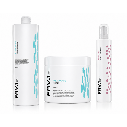 Набор TRIO FAV.1 AQUA WAVE — шампунь, маска и термозащита для увлажнения сухих волос 2x1000/200 мл