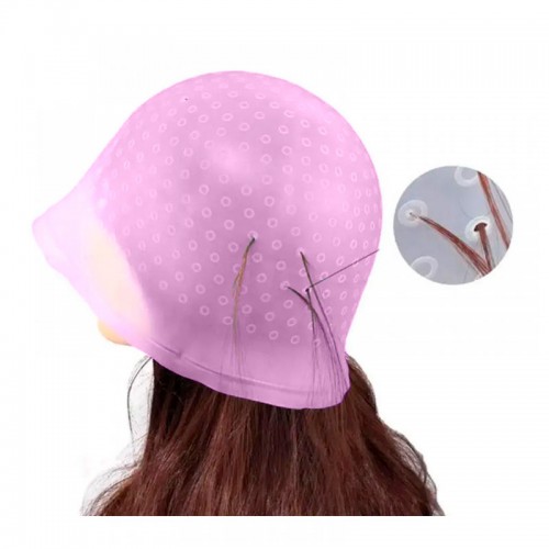 Профессиональная силиконовая шапочка для окрашивания и мелирования волос с крючком для колориста розовая.